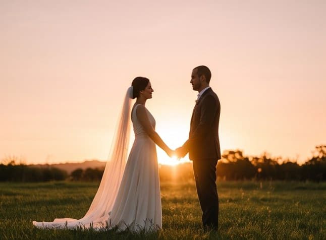 Casal de mãos dadas no campo, contra o sol