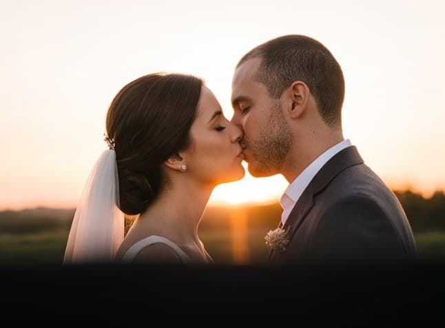 Beijo dos noivos ao pôr do sol, foto entregue